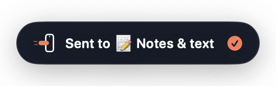 The banner Copy2Phone shows on the Mac after a send, saying where it went.