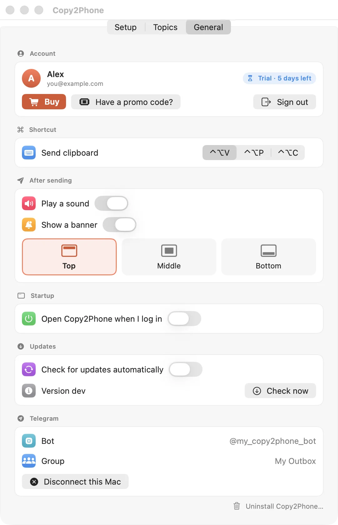 Copy2Phone Settings, General tab: account, shortcut, sound and banner options with Top, Middle and Bottom positions, open at login, updates, and the connected bot and group.