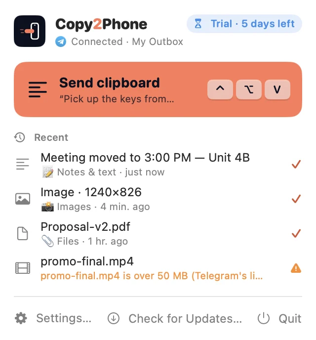 The Copy2Phone menu-bar panel: a big Send clipboard button with the shortcut, and a list of recent sends with the topic each went to.