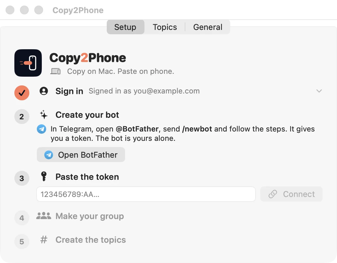 Copy2Phone Settings, Setup tab, at the Paste the token step: the token field and the Connect button.