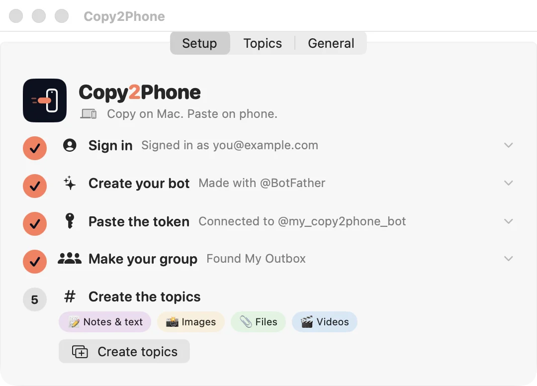 Copy2Phone Settings, Setup tab, at the Create the topics step with the Create topics button.