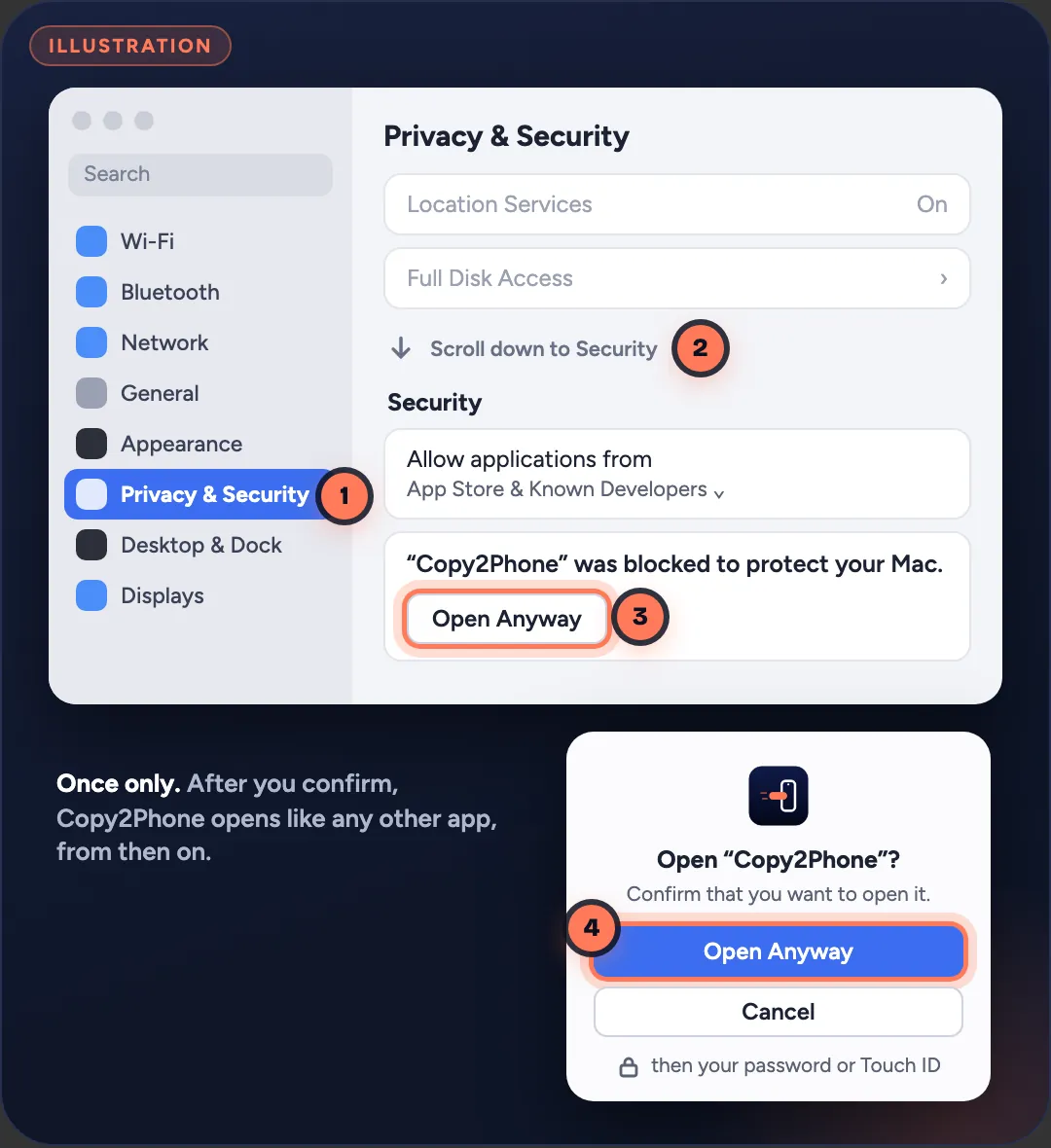 Illustration of System Settings, Privacy & Security: (1) Privacy & Security selected in the sidebar, (2) scroll down to Security, (3) the Open Anyway button next to “Copy2Phone was blocked to protect your Mac”, (4) the confirm box with Open Anyway, then your password or Touch ID.