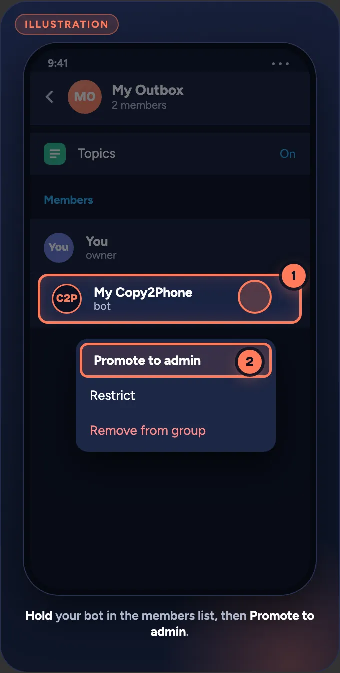 Illustration of the group’s members list: holding the bot (1) opens a menu with Promote to admin (2).
