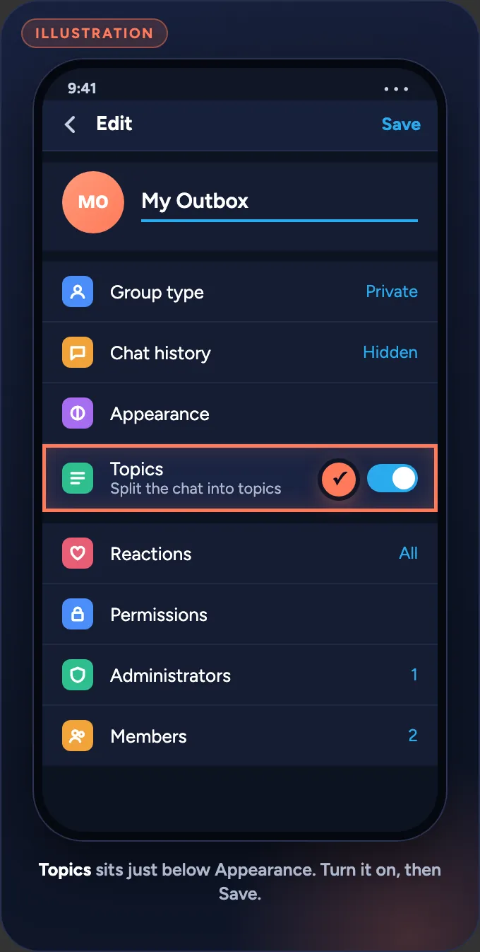 Illustration of the group’s edit screen in Telegram: the Topics switch, just below Appearance, is turned on.